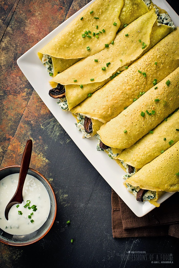 Garbanzo Bean Crepes with Grilled Portobellos and Spinach Ricotta {