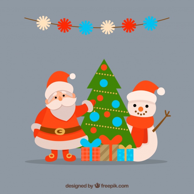 Merry christmas with santa and snowman Free Vector