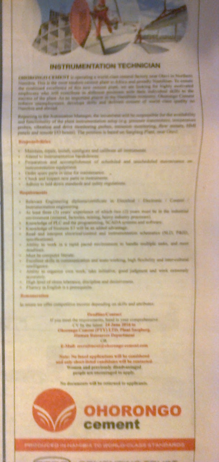 Jobs in Namibia Vacancy Instrumentation Technician Ohorongo Cement