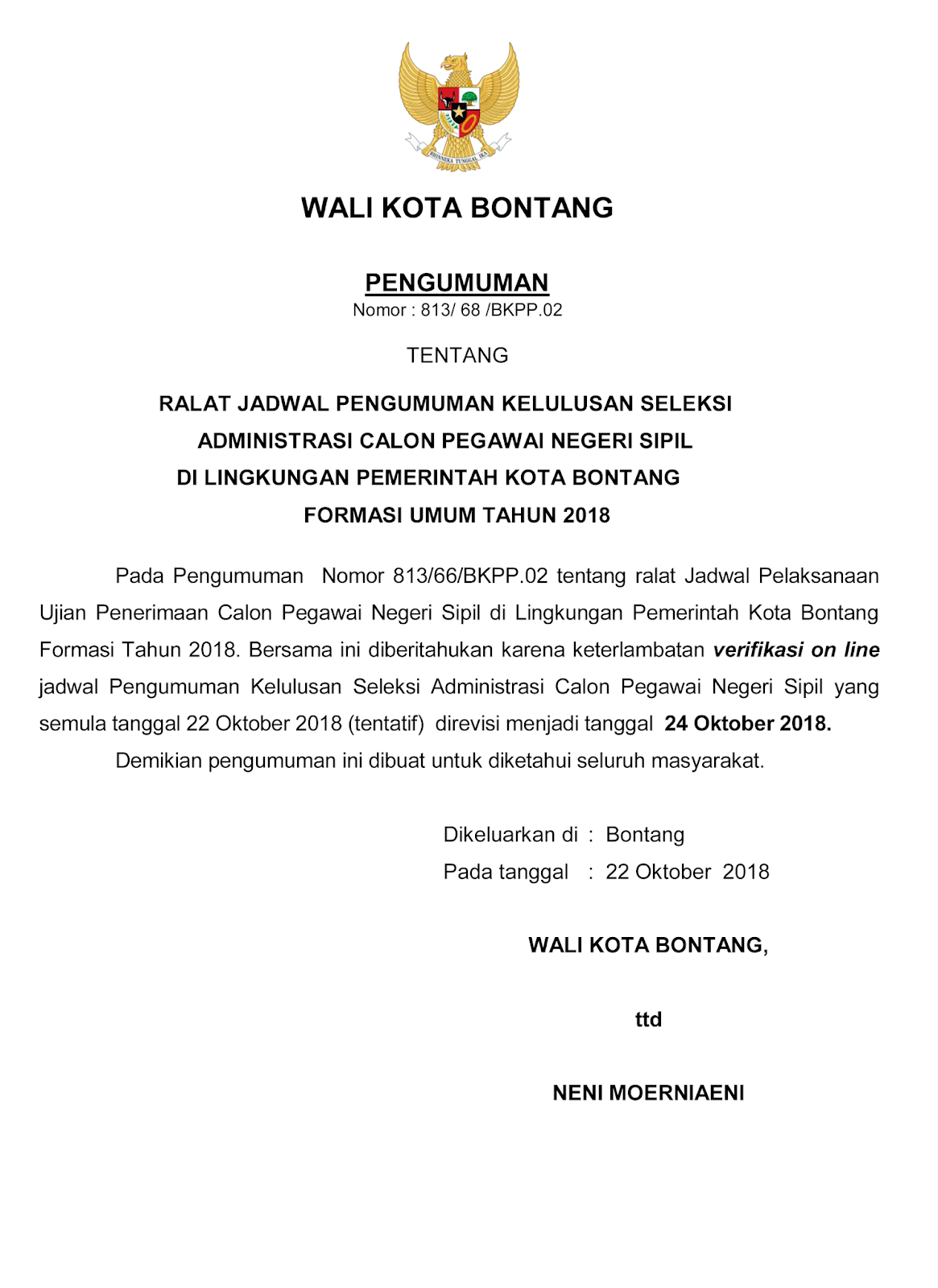 Ralat Jadwal Pegumuman Seleksi Adminstrasi Cpns 2018