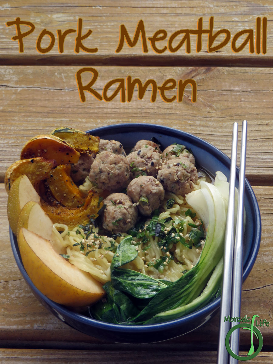 Morsels of Life - Pork Meatball Ramen - Fresh ramen, topped with ginger and green onion pork meatballs served in miso soup, then garnished with roasted winter squash for one scrumptious pork meatball ramen.