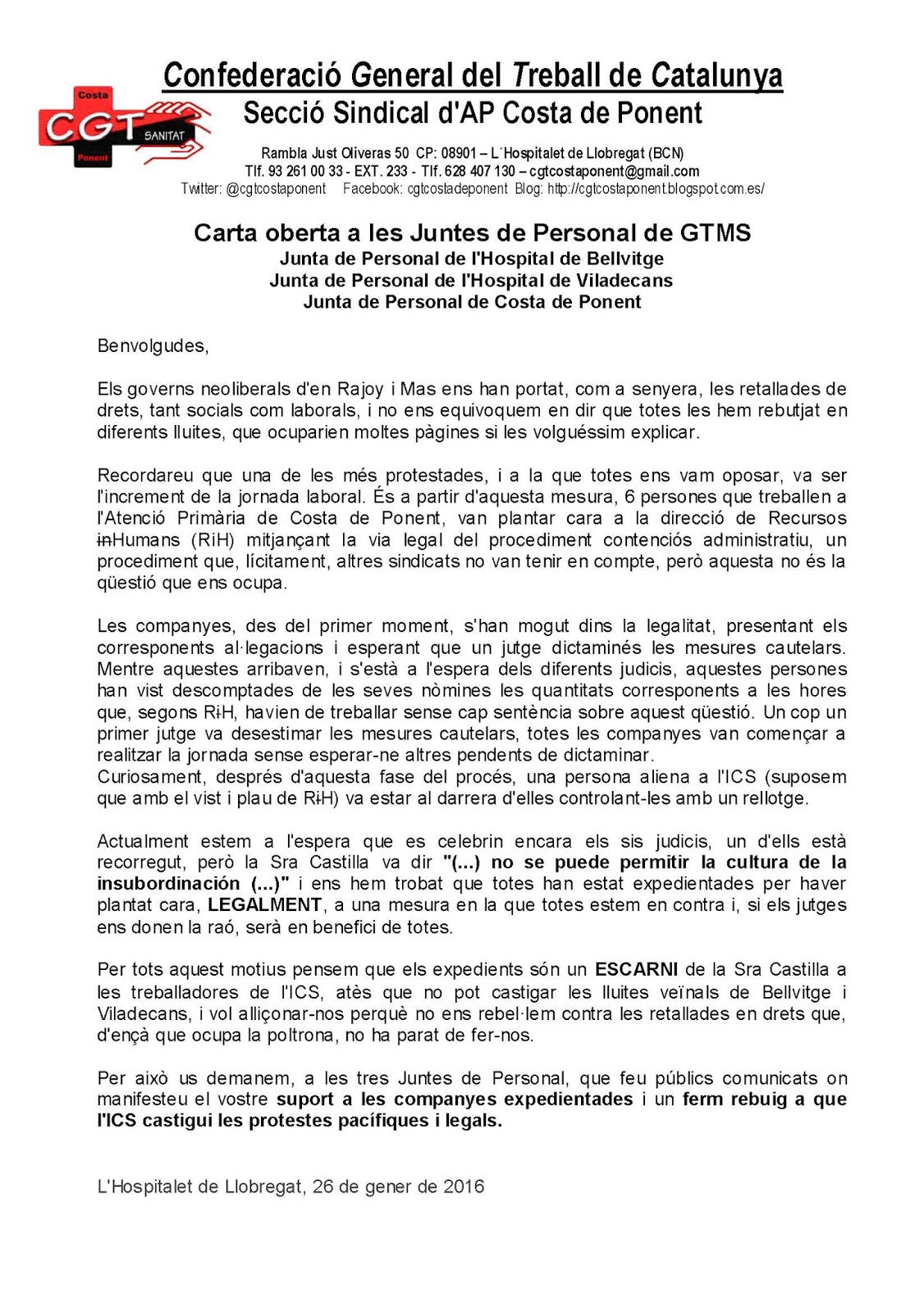 CGT COSTA PONENT - Secció Sindical: Carta oberta a les 