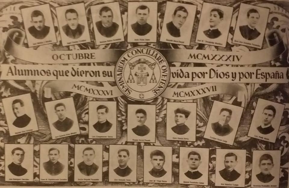Studenter ved seminaret i Oviedo som døde for Gud og Spania i 1934 og 1936-37. Legg merke til at i øverste rekke er det bilde av 7 martyrer fra oktober 1934, José Méndez y Méndez ytterst til venstre
