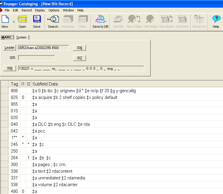 RDA Bibliographic Template for Monographs in Voyager ILS