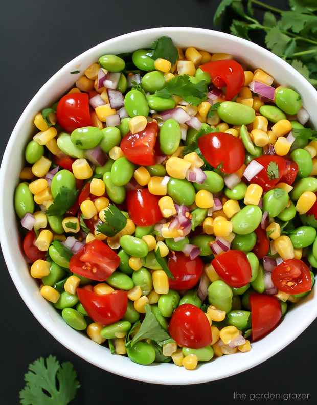 The Garden Grazer Edamame, Tomato, Corn Salad with Lemony Dressing