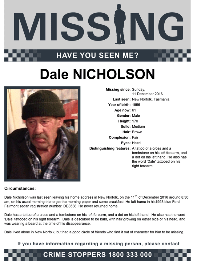 Missing Dale Nicholson New Norfolk News