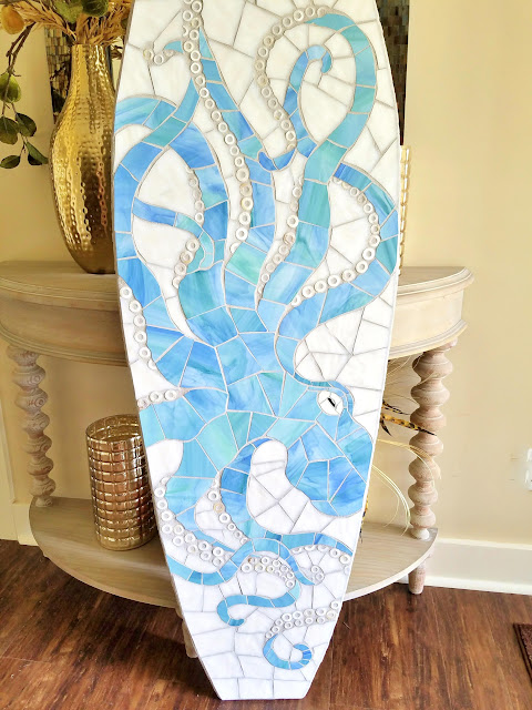large scale art mosaic octopus surfboard
