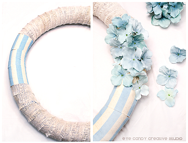 gluing flowers onto wreath form, how to make a wreath, DIY crafting