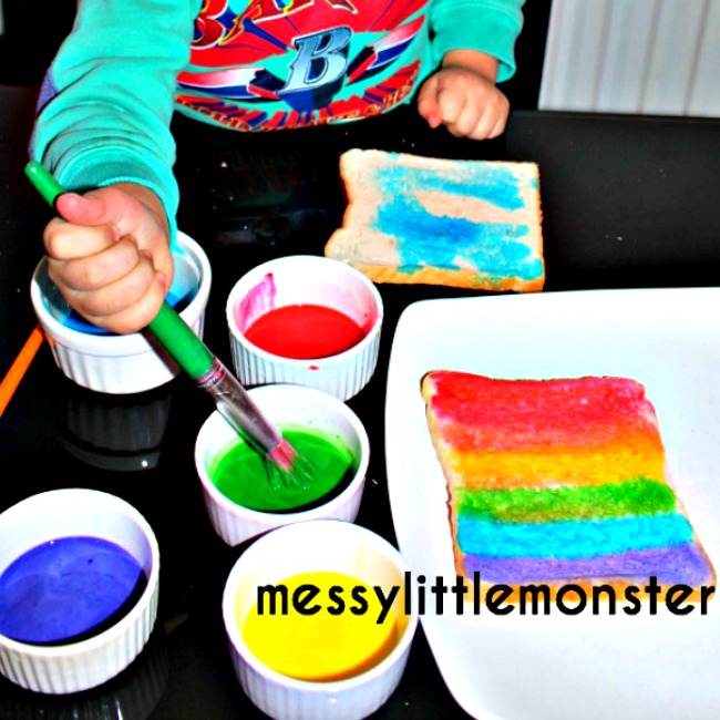 Rainbow craft ideas for kids - Rainbow painted toast, edible art. 