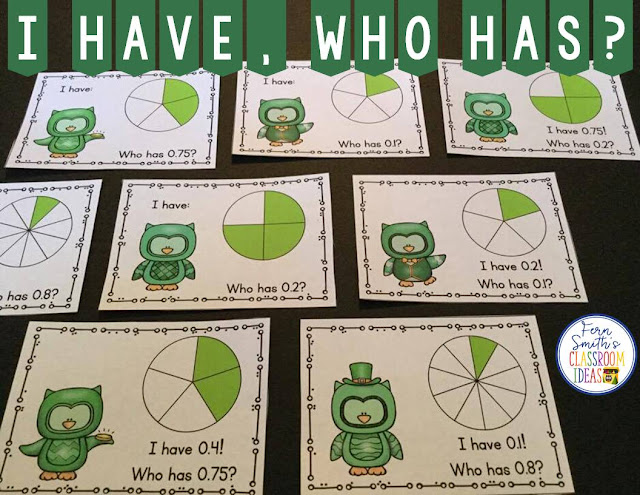 Using I Have, Who Has? Cards for Reviewing Fractions on Your State Standardized Tests. Fern Smith's Classroom Ideas.