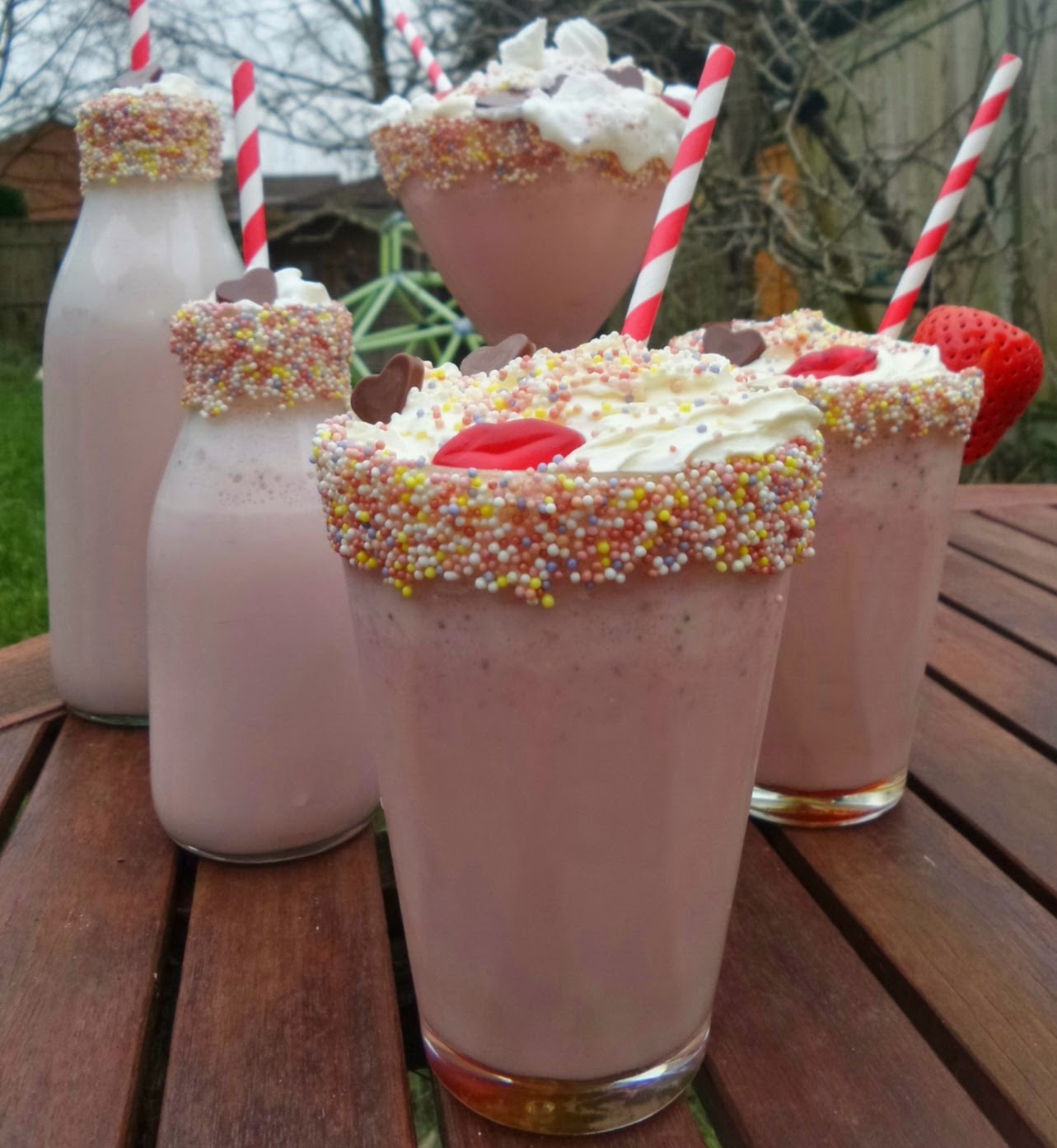 Valentine's Strawberry Milkshakes with Sugar Strand Rimmed Glasses