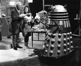 English actor Peter Cushing, Jill Curzon and a Dalek on the set of the BBC drama 'Dr Who'. (Photo by Evening Standard/Getty Images)