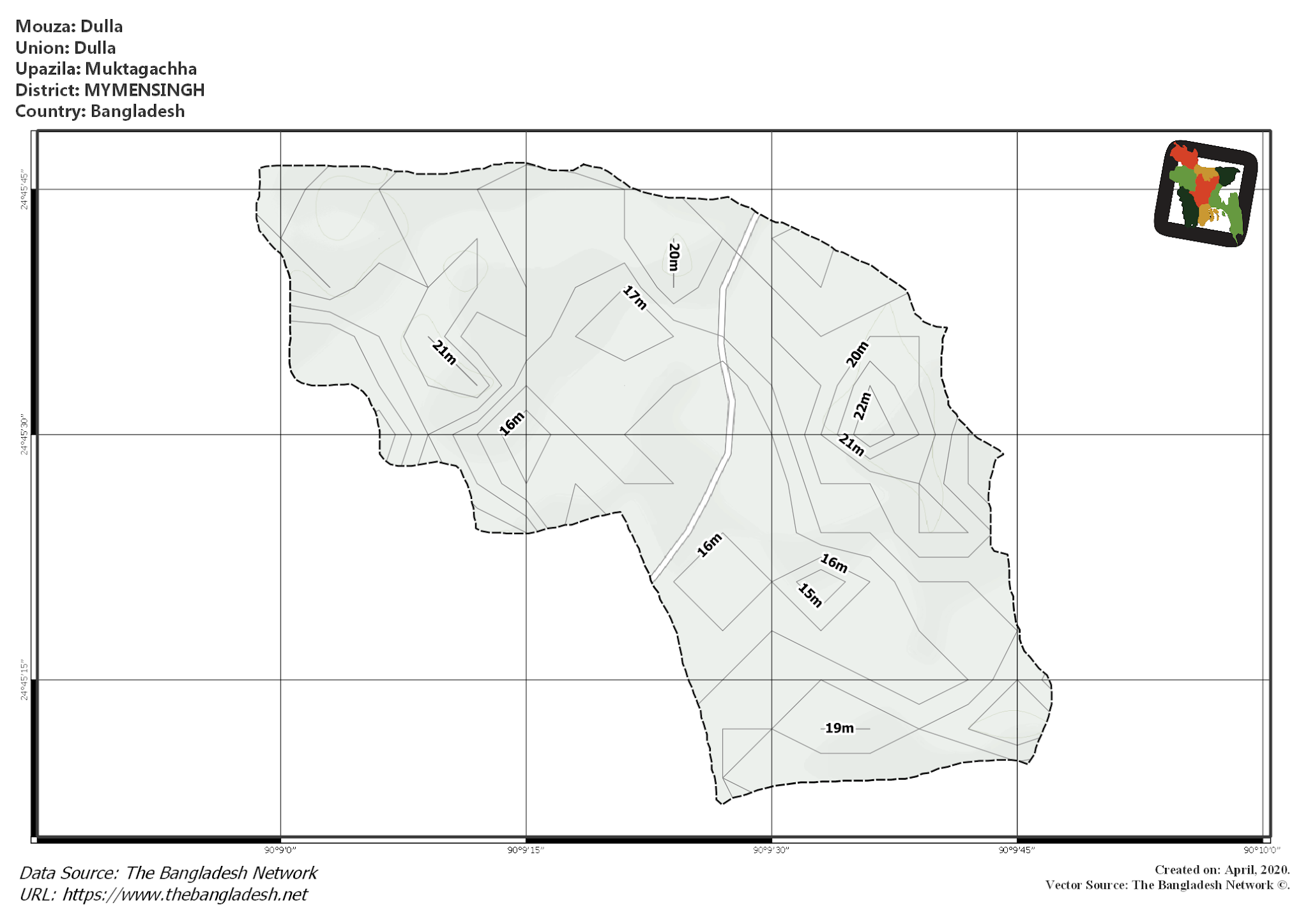 Map of Dulla Mouza of Muktagachha Upazila, MYMENSINGH, Bangladesh.