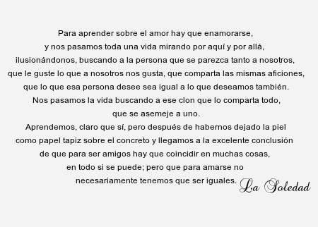 Para aprender sobre el amor hay que enamorarse, y nos pasamos toda una vida mirando por aquí y por allá, ilusionados, buscando a la persona que se parezca tanto a nosotros, que le guste lo que a nosotros nos gusta, que comparta las mismas aficiones, que lo que esa persona desee sea igual a lo que deseamos también. Nos pasamos la vida buscando a ese clon que lo comparta todo, que se asemeje a uno. Aprendemos, claro que sí, pero después de habernos, algunos, dejado la piel como papel tapiz sobre el concreto y llegamos a la excelente conclusión de que para ser amigos hay que coincidir en muchas cosas, en todo si se puede; pero que para amarse no necesaria mente tenemos que ser iguales.