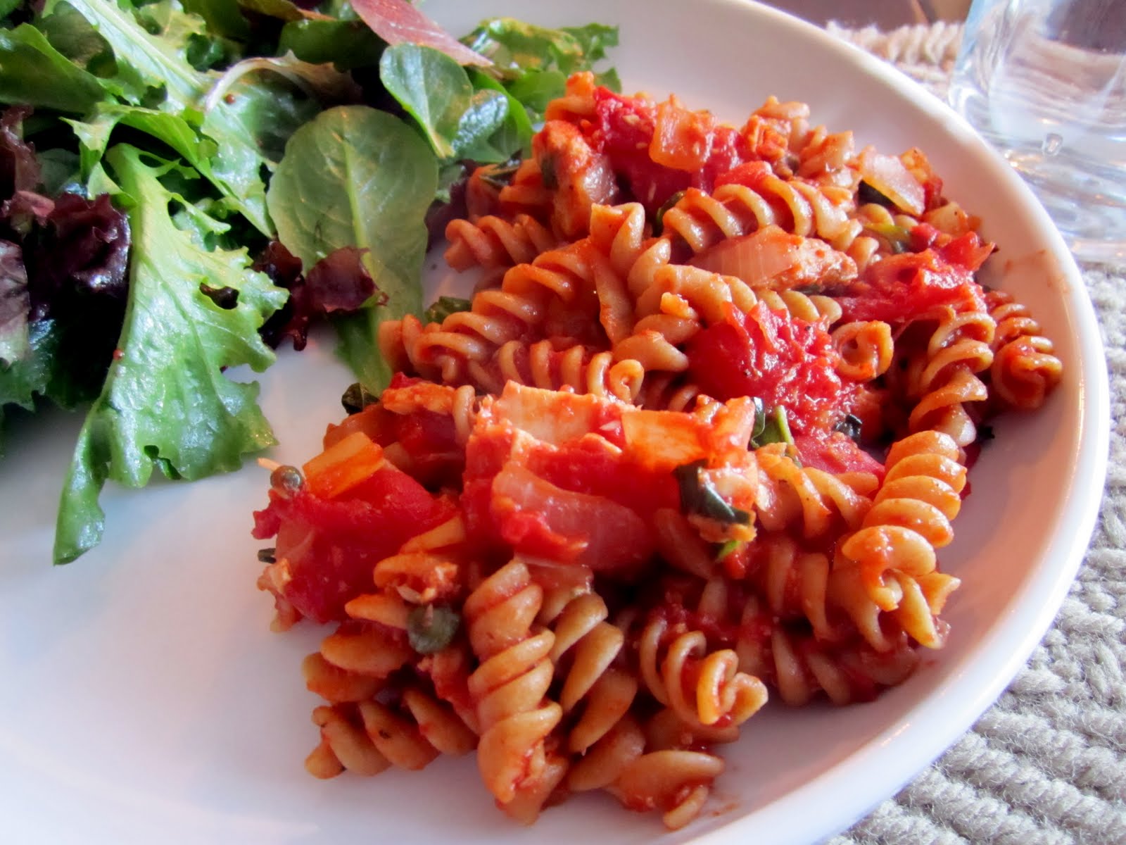 a little fancy: pasta with tomatoes, tuna, and capers