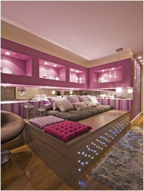 Grape color bedroom with pink and white stripes