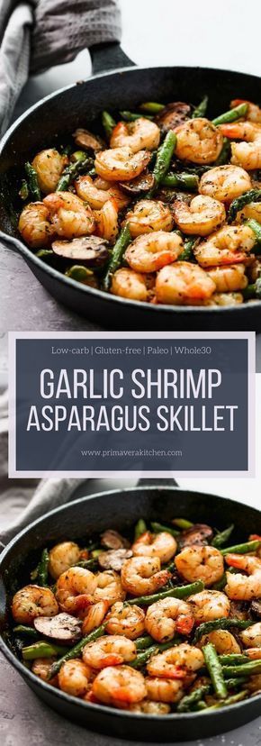 Super easy Garlic Shrimp Asparagus Skillet recipe that is low-carb, gluten-free, Whole30 and paleo friendly!