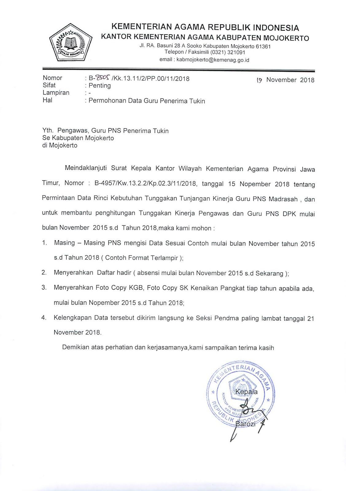 Pendma Kab. Mojokerto PERMOHONAN DATA GURU PENERIMA TUKIN