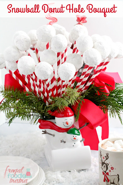 Create an easy & festive edible centerpiece for your holiday breakfast table with this Snowball Donut Hole Bouquet.