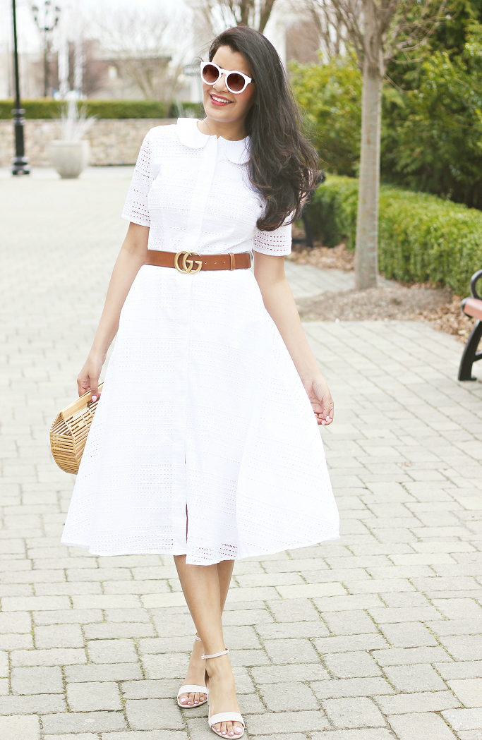 white cotton eyelet dress