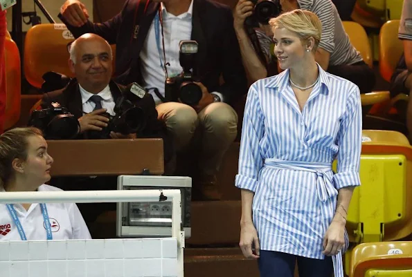 Prince Albert II and Princess Charlene attends the 34th International Swimming Meeting Mare Nostrum in Monte Carlo, Monaco. Princess Charlene of Style, Fashions