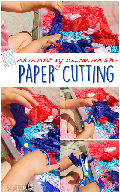 Practice fine motor skills with this paper filled sensory bin! This is a perfect activity for summer tot school, preschool, or kindergarten!