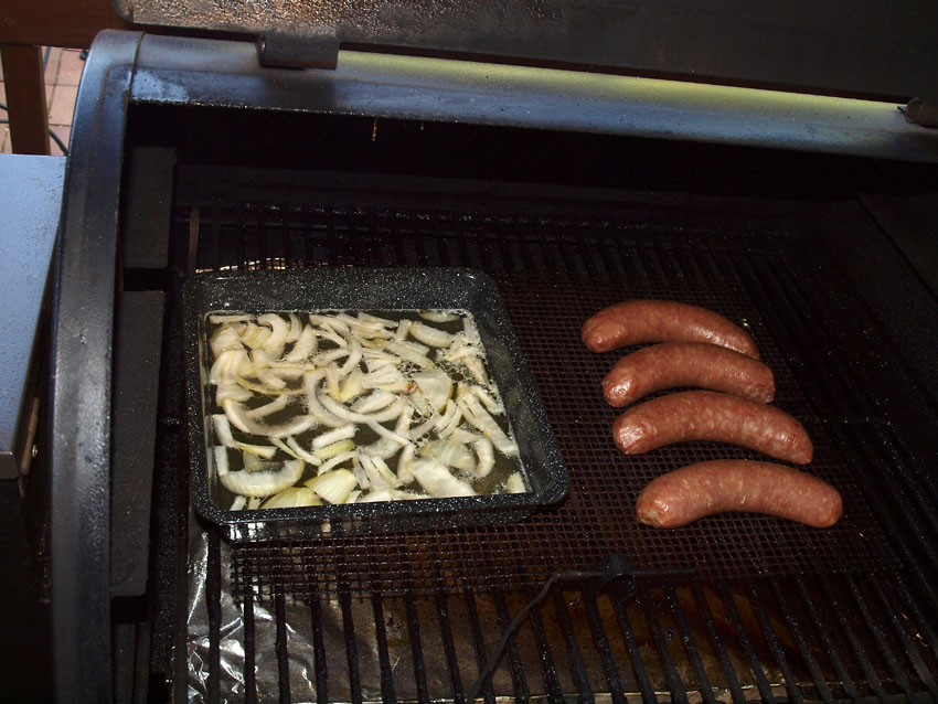 Pellet Smoker Cooking Beer Brats, 1 Portabella Sandwich, cheesy pasta