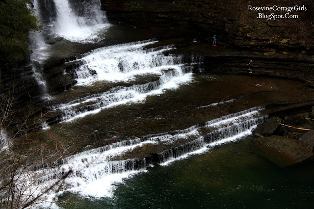 A landscape photograph from the cliffs above of the Cummins Falls in Tennessee showing the white water falling like a bridal veil over the rocky stairstep layers of limestone falling into a pool at the bottom of the falls. The photo is by rosevinecottagegirls.com in their article about Cummins Falls. People can be seen at the edges of the water enjoying the falls.