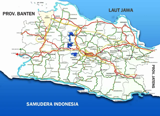 Gambar Peta Jawa Barat lengkap dengan nama kabupaten dan peta jalan utama