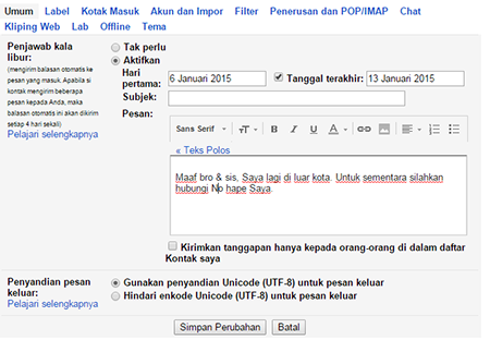 Cara mengaktifkan Vacation Response pada gmail Cara mengaktifkan Vacation Response pada gmail
