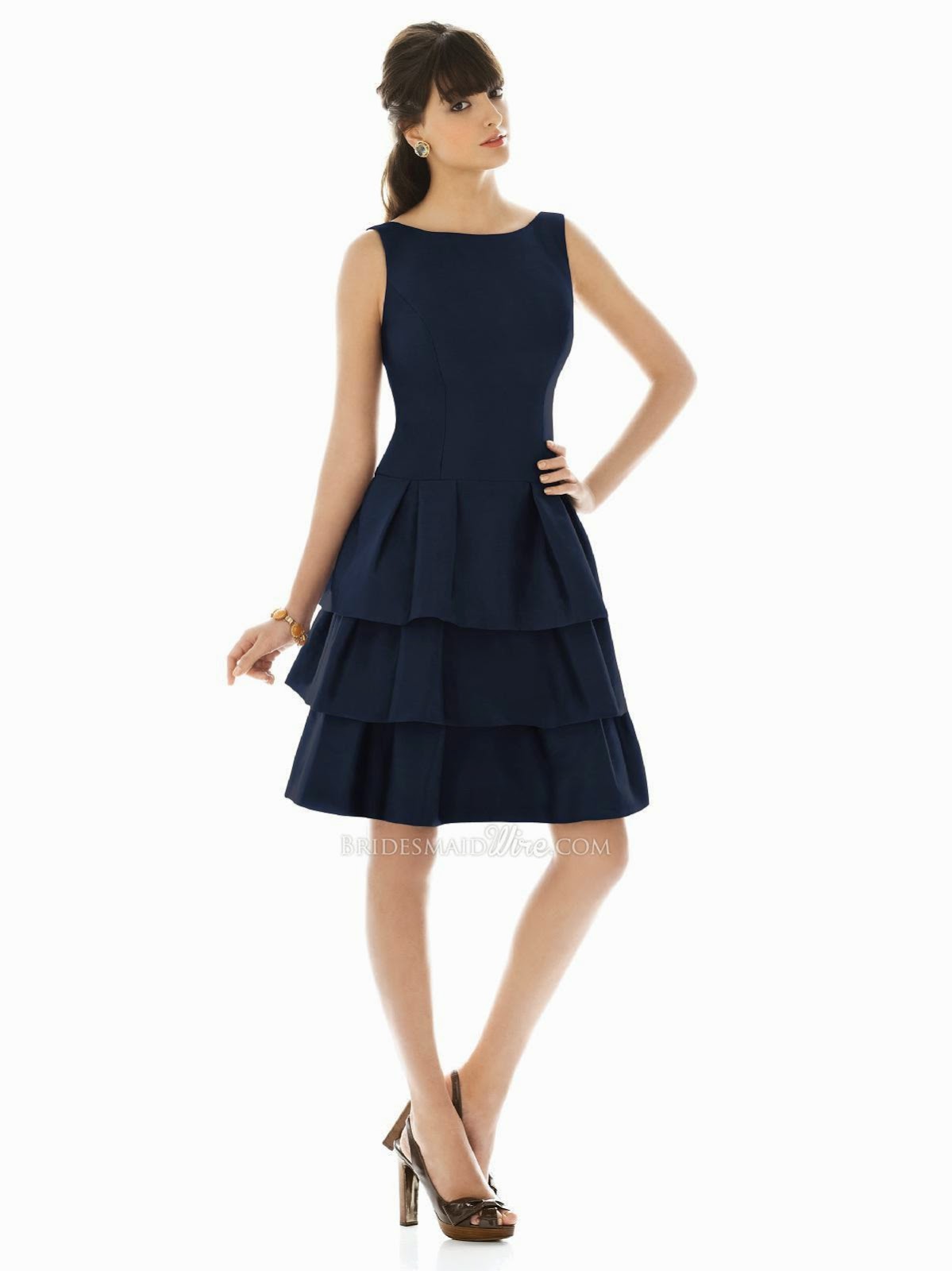 Midnight Tiered Cocktail Bridesmaid Dress with Boat Neckline Scoop Back-1
