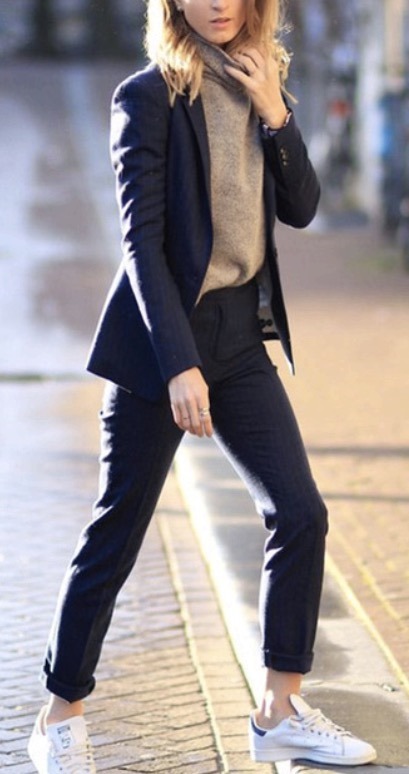 casual office outfit_black suit + sneakers + nude hogh neck sneakers