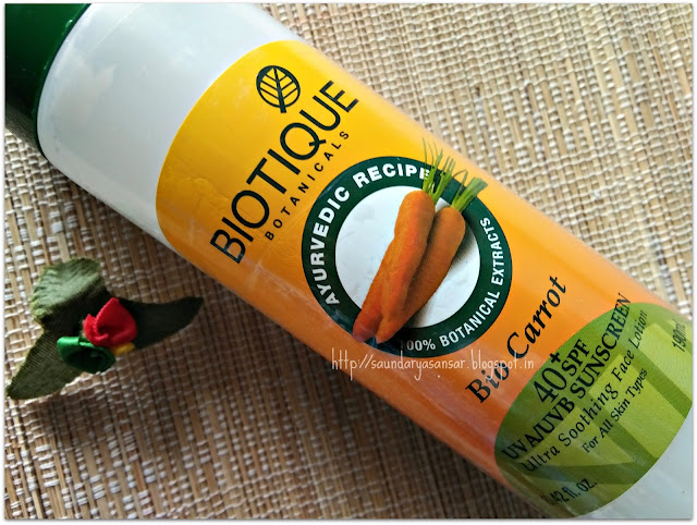 Biotique Botanicals Bio Carrot 40+ spf UVA/UVB sunscreen ultra soothing face lotion Review