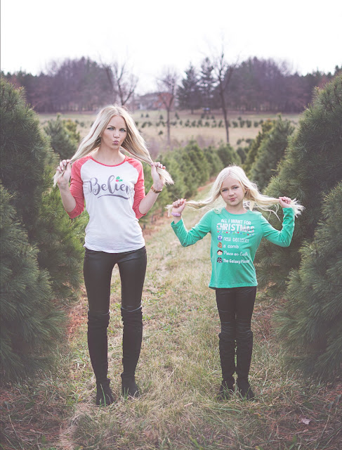 christmas tree farm mom and me blonde shirt idea leather pants otk boots over the knee