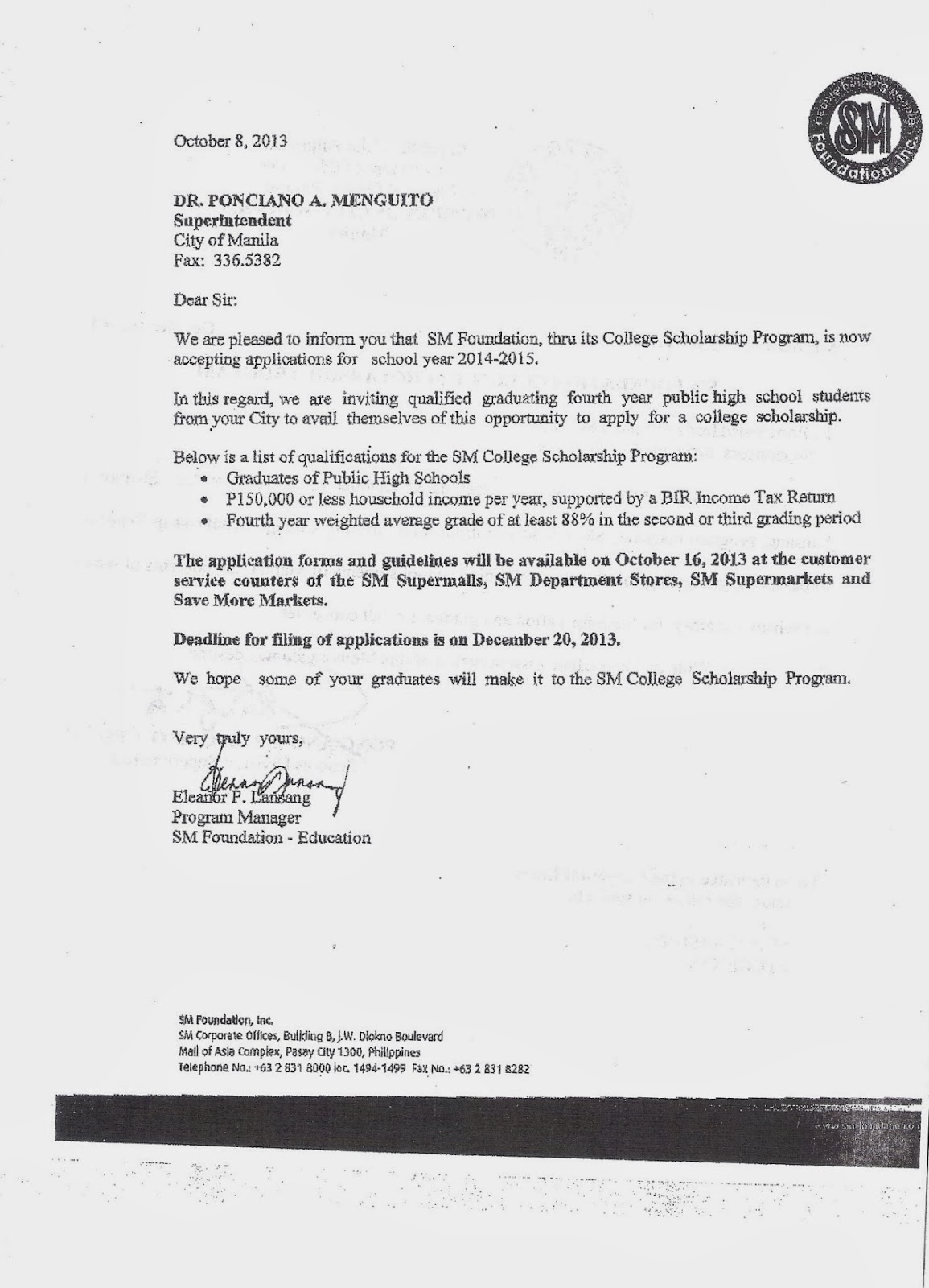 Department of Education Manila: Division Memorandum No. 603 SM