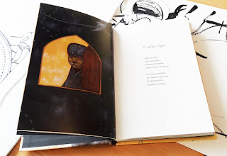 Atividade Dia Mundial da Poesia O livro "O Segredo do Papa-formigas" aberto num poema que fala sobre o velho tigre e um desenho onde se pode ver um tigre personificado à janela.