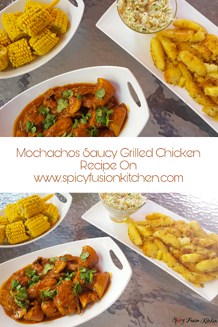 Mochachos Saucy Grilled Chicken, saucy grilled chicken, grilled chicken, chicken recipe, spicy food, food, food blog, food pictures, food recipe, pinterest, pinterest food, mochachos, spicy fusion kitchen, coldslaw, corn on a cob, potato wedges, family meal