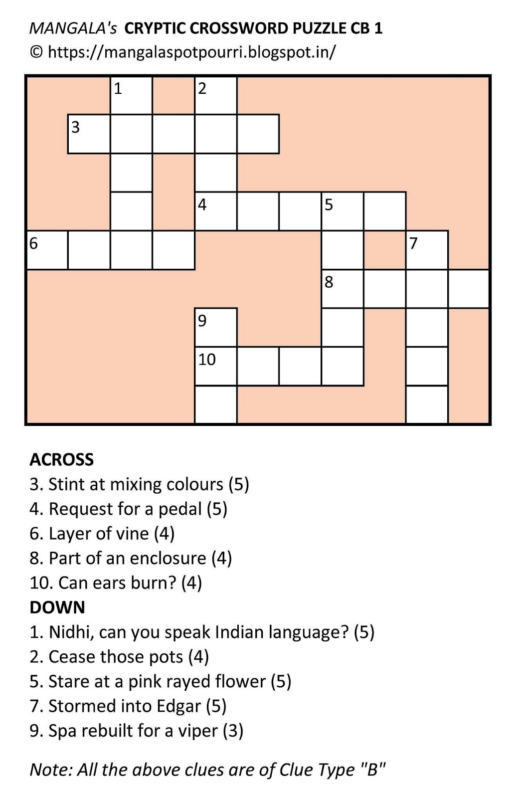 Mangala's Potpourri Mangala's Cryptic Crossword Puzzle CB 1