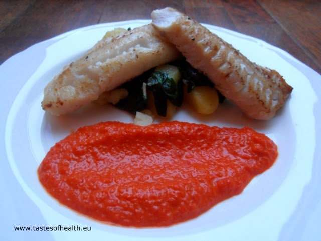 Cod with Spinach, Potatoes, and Red Pepper Sauce cod, spinach, potatoes, pepper