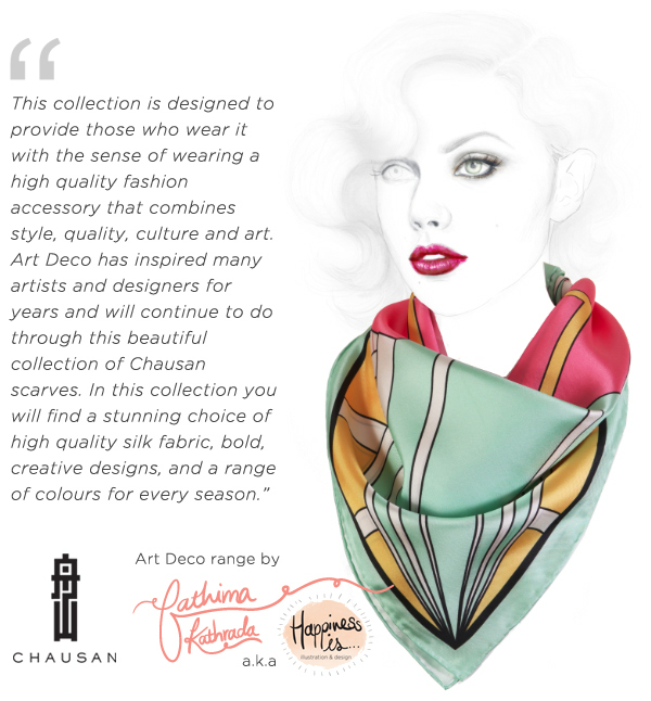 Freelance illustration & graphic design: Art Deco scarf designs created for Chausan luxury silk scarves