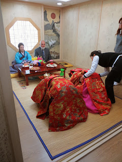 Traditional Korean wedding ceremony at wedding hall - bowing to parents