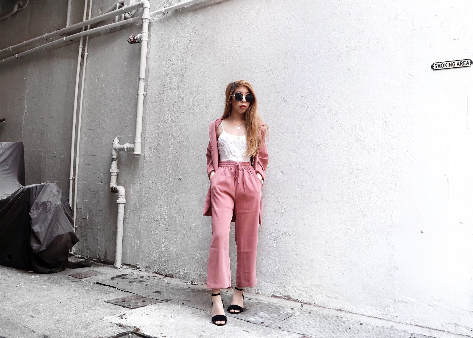 Boohoo White Lingerie and Black Sandals, Yesstyle Pink Pantsuit
