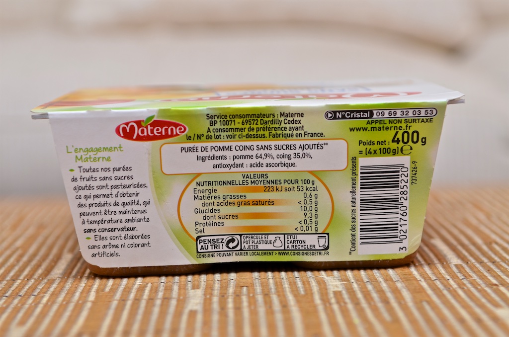 Compote Pomme Coing Sans Sucres Ajoutés (400g) par Materne