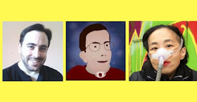 Profile photos of three people, two white men and one Asian woman, with a bright yellow background