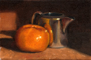 Oil painting of a mandarine beside a silver-plated milk jug. 