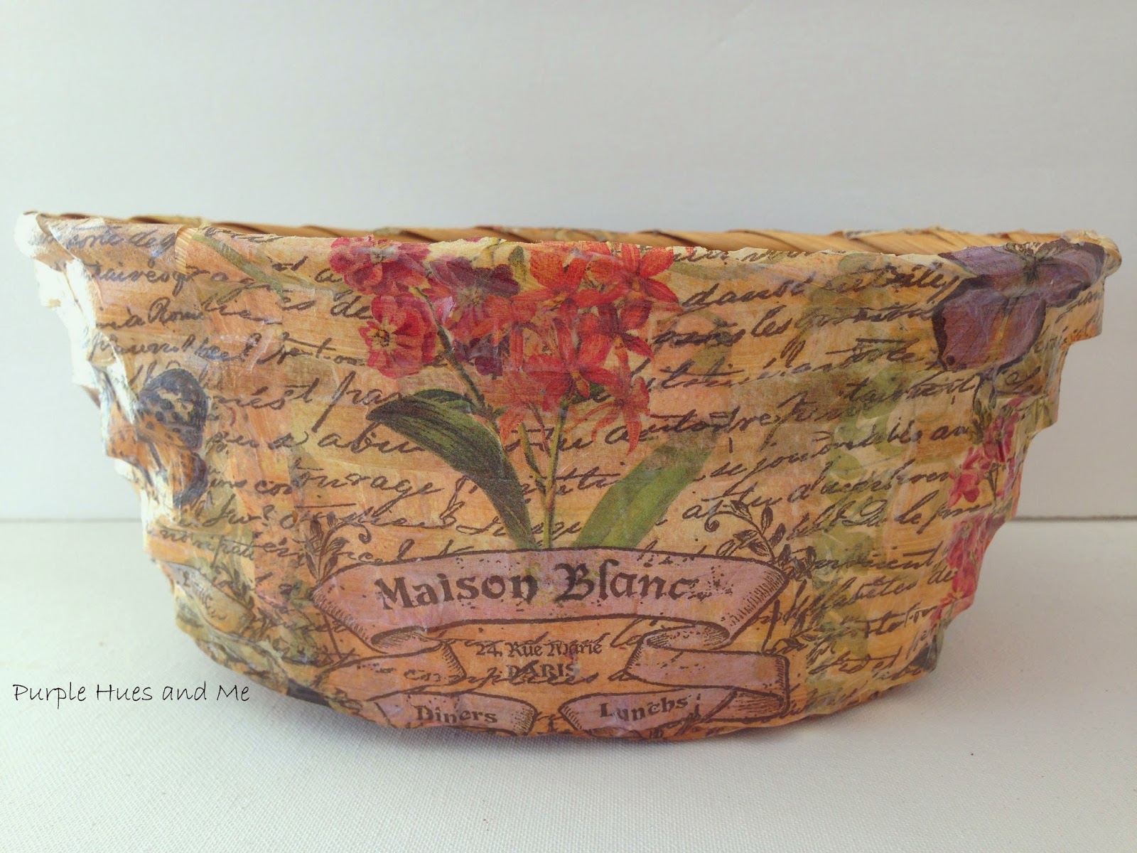 Purple Hues and Me Decoupaged Bread Basket A La Dollar Tree