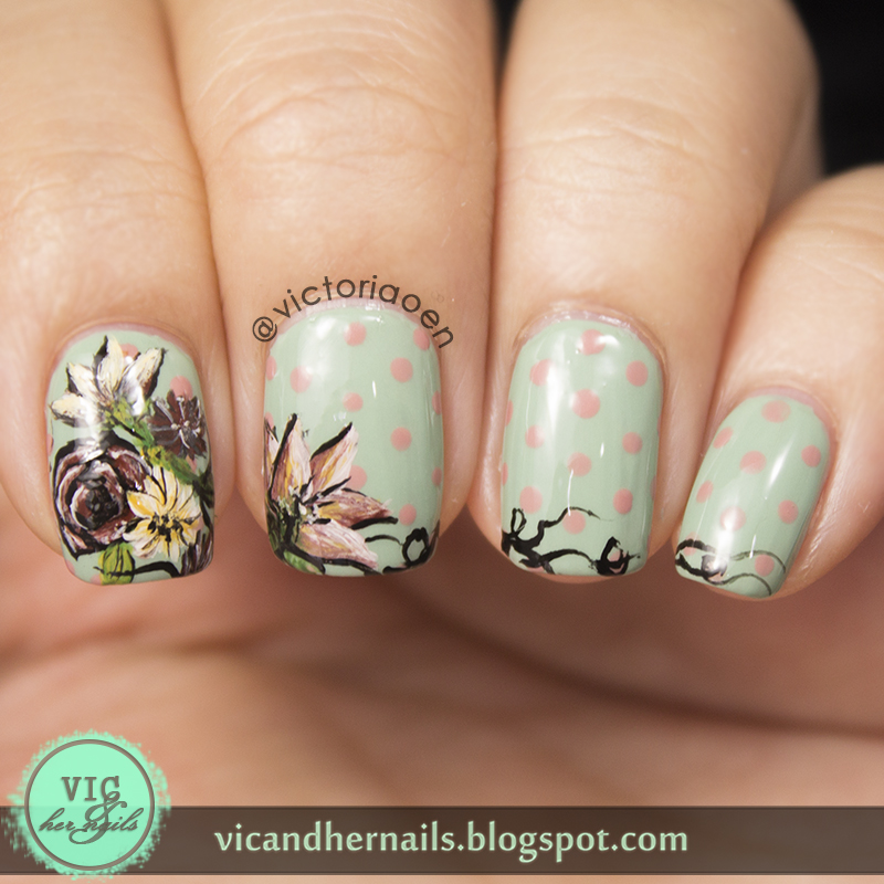 Vic and Her Nails Vintage Floral and Polkadot Nails