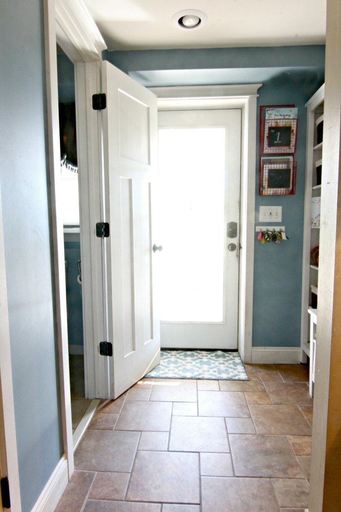 Small mudroom created from off the shelf Ikea Hemnes bookcases - www.goldenboysandme.com