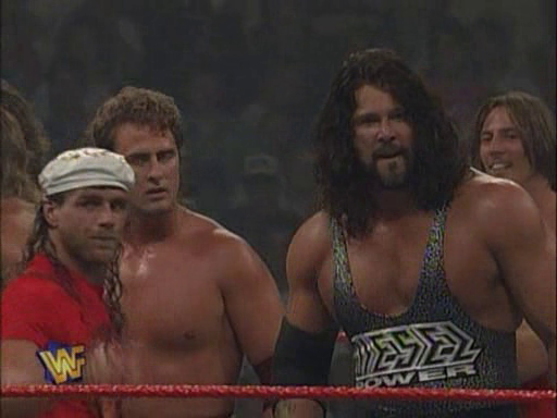 WWF / WWE - In Your House 2 - The Lumberjacks - Diesel and Shawn Micahels celebrate with Tekno Team 2000