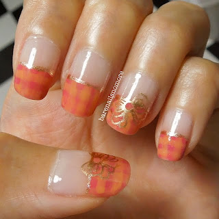 Pink and orange checkered nails with stamped bow from KKCenterHK plate